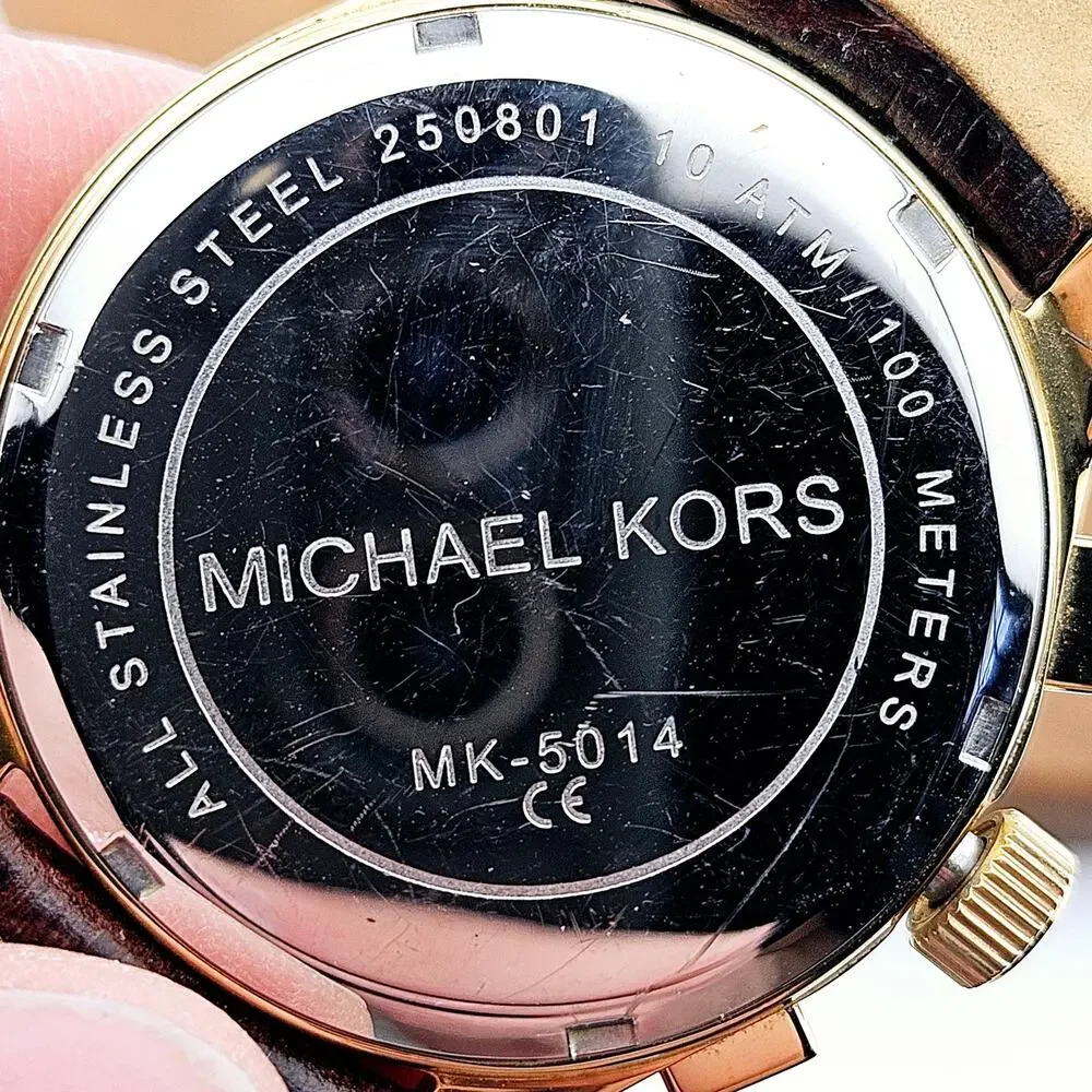 Michael Kors Women's Gold Tone Multi Dial Glitz Watch Brown Leather Band MK-5014 - Picture 6 of 7